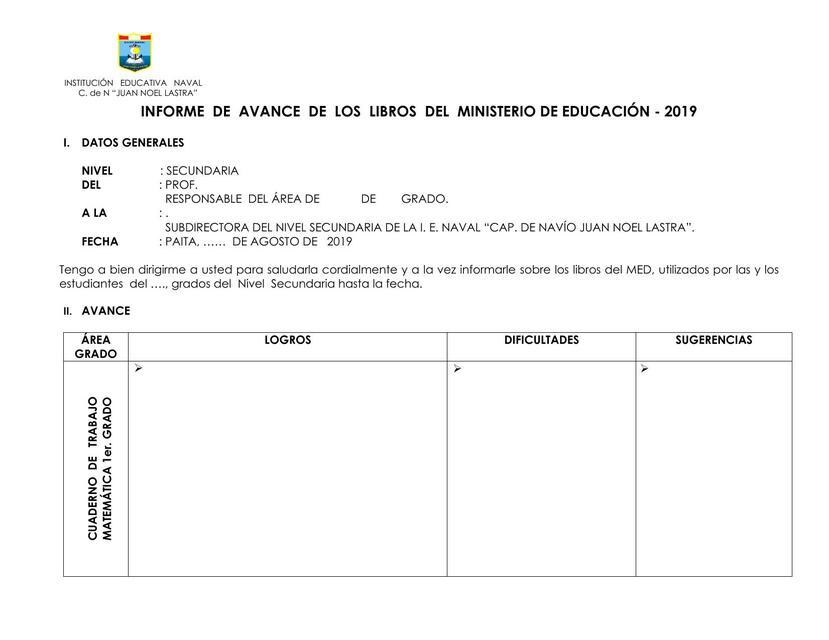 Informe de Avance de los Libros del Ministerio de Educación 