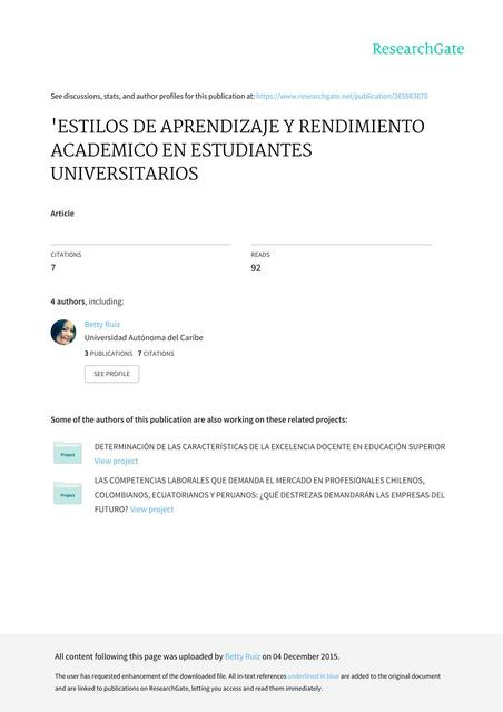 Estilos de aprendizaje y rendimiento academico en estudiantes universitarios 