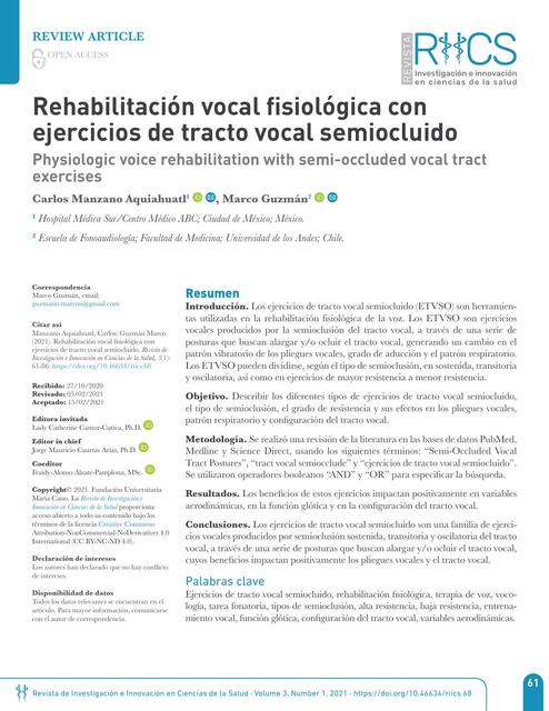 Rehabilitación vocal fisiológica con ejercicios de tracto vocal semiocluido 