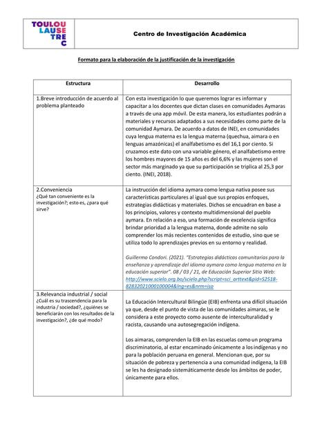 Formato para la Elaboración de la Justificación de la Investigación 