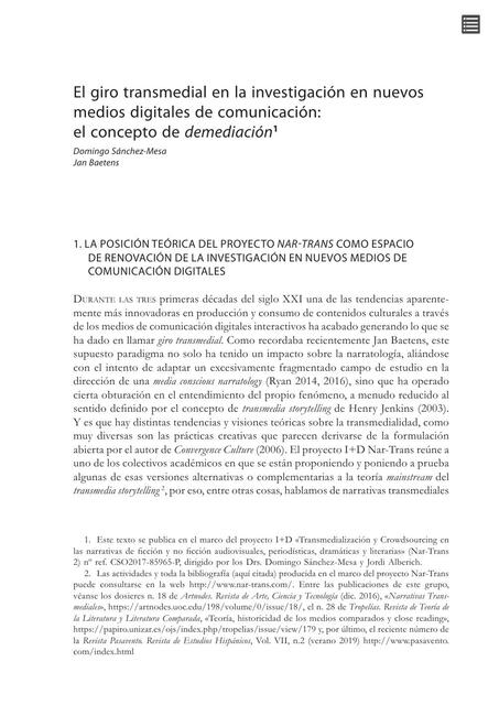 El Giro Transmedial en la Investigación en Nuevos Medios Digitales de Comunicación: El Concepto de Demediación