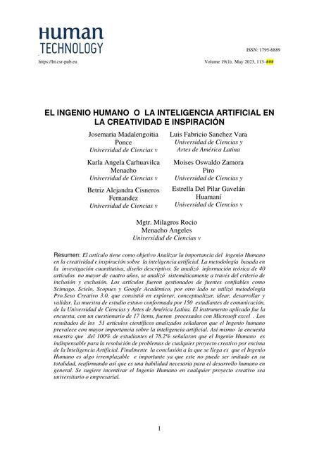 El Ingenio Humano o la Inteligencia Artificial en la Creatividad e Inspiración 