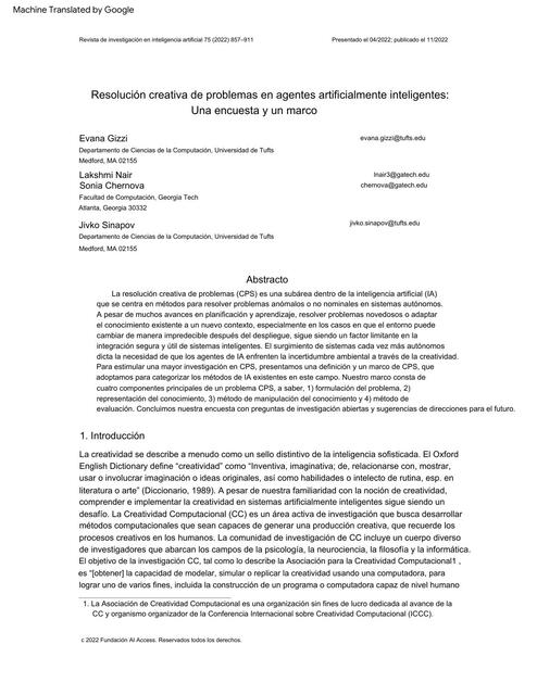 Resolución creativa de problemas en agentes artificialmente inteligentes:Una encuesta y un marco 