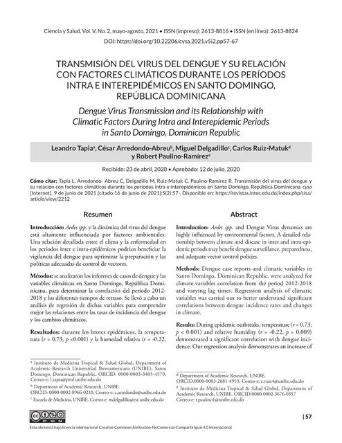 Transmisión del Virus del Dengue y su Relación con Factores Climáticos 