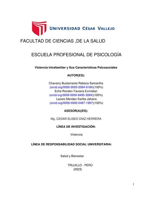 Violencia Intrafamiliar y Sus Características Psicosociales 