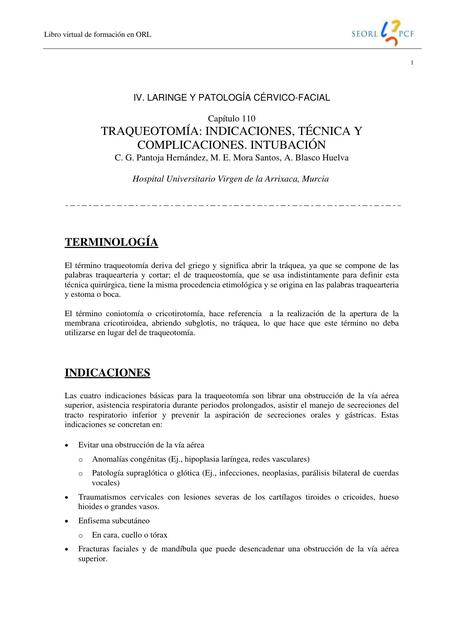 Traqueotomía: Indicaciones Técnica y Complicaciones 