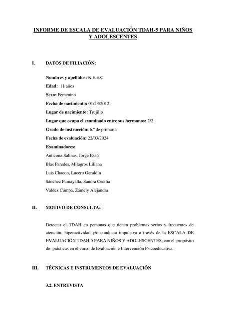 Informe de escala de evaluación tdah-5 para niños y adolescentes