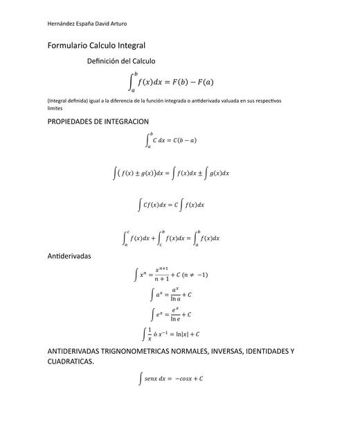 Formulario Cálculo Integral