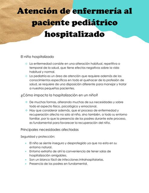 Atención de enfermería al paciente pediátrico hospitalizado