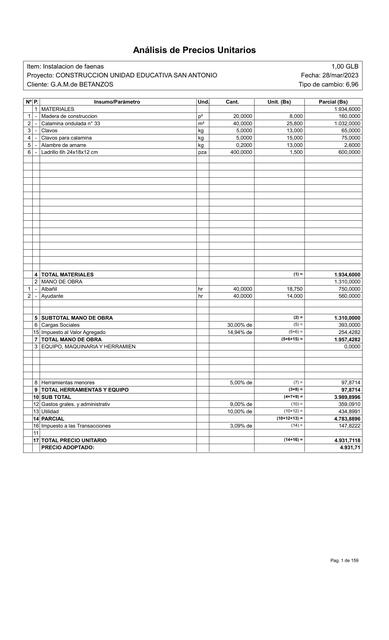 Análisis de Precios Unitarios 