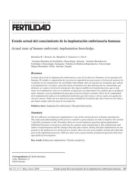 Estado Actual del Conocimiento de la Implantación Embrionaria Humana 