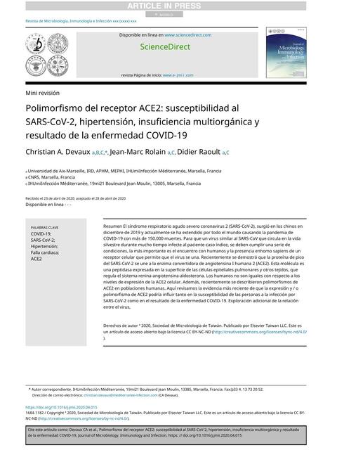 Polimorfismo del receptor ACE2: susceptibilidad al SARS-CoV-2, hipertensión, insuficiencia multiorgánica y resultado de la enfermedad COVID-19