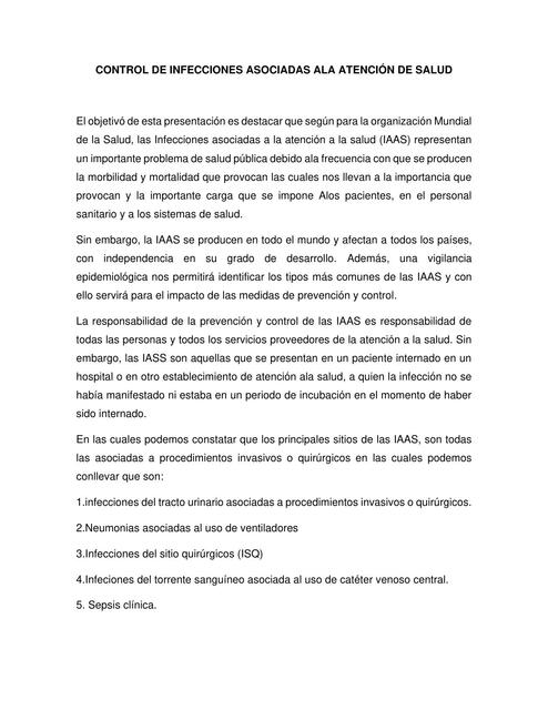 Control de infecciones asociadas a la atención de salud 