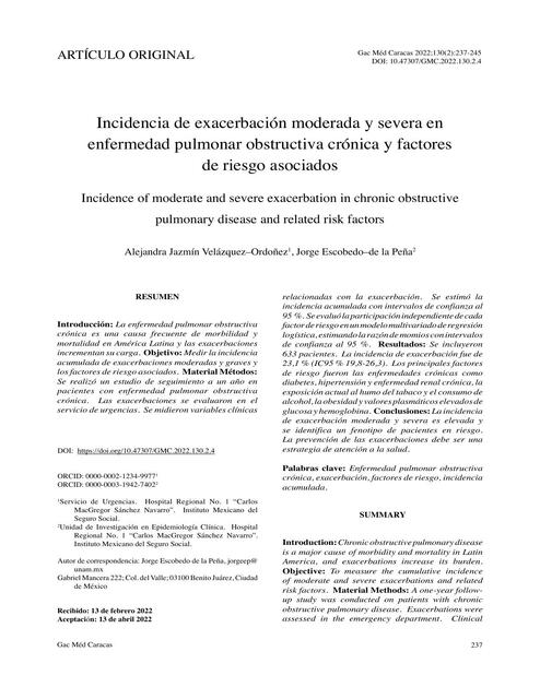  Incidencia de exacerbación moderada y severa en enfermedad pulmonar obstructiva cronica y factores de riesgo asociados 