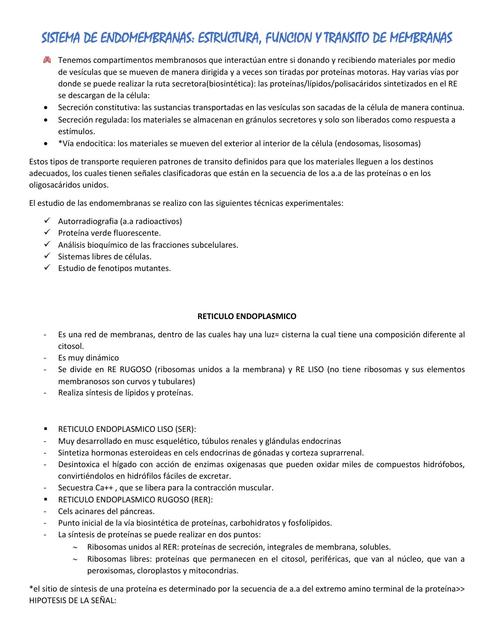 SISTEMA DE ENDOMEMBRANAS: ESTRUCTURA, FUNCIÓN Y TRANSITO DE MEMBRANAS