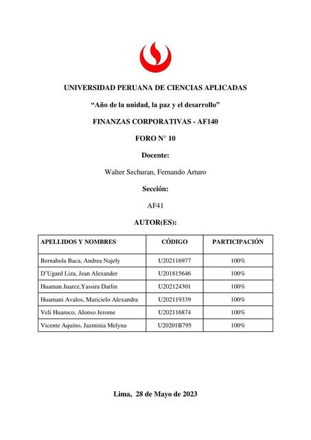 Correción Foro 10 Grupo 1 Finanzas Corporativas