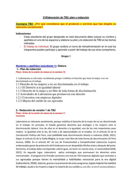 Elaboración de TB2: plan y redacción