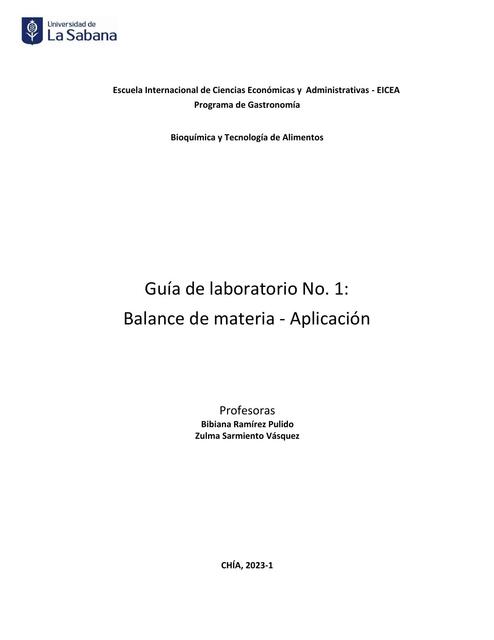 Guía de laboratorio No. 1:  Balance de materia - Aplicación 