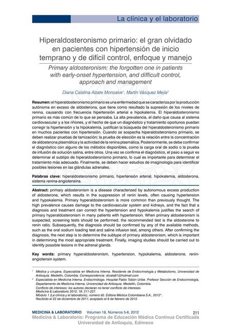 Hiperaldosteronismo primario: el gran olvidado  en pacientes con hipertensión de inicio  temprano y de difícil control, enfoque y manejo