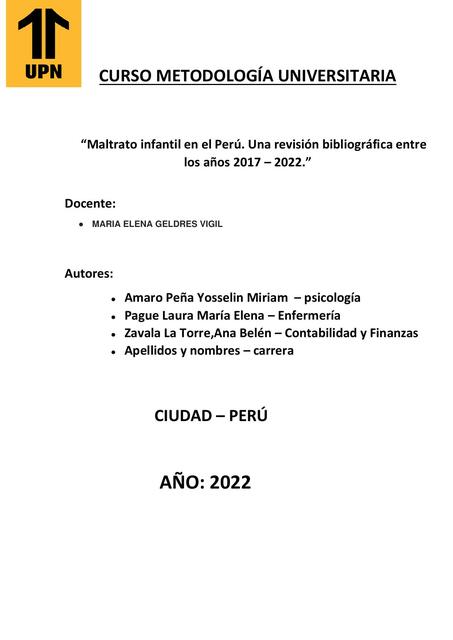 Maltrato Infantil en el Perú. Una Revisión Bibliográfica entre  los Años 2017 – 2022