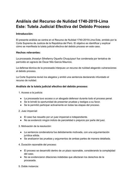 Análisis del Recurso de Nulidad 1740-2019- Lima Este 