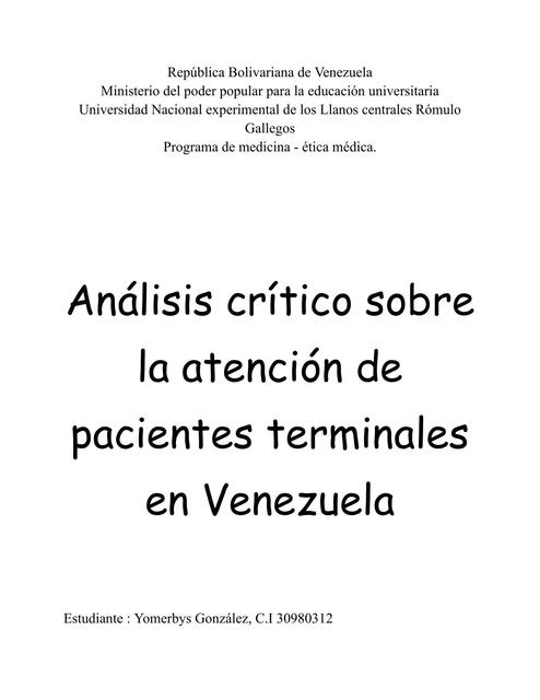 Análisis Crítico sobre la Atención de Pacientes Terminales en Venezuela 