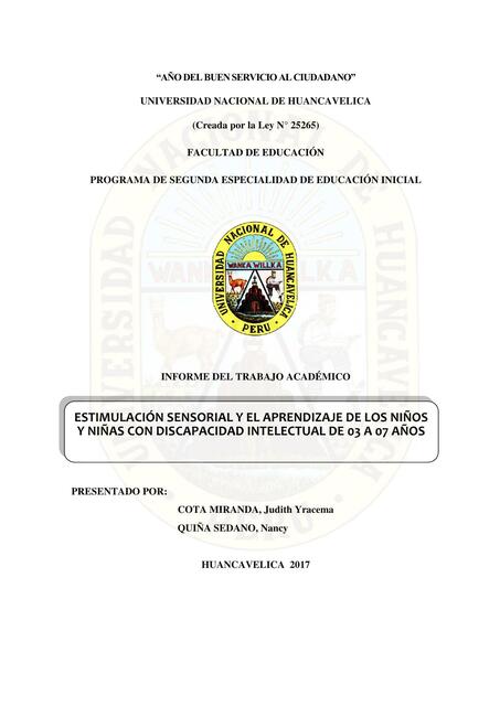 Estimulación sensorial y el aprendizaje de los niños y niñas con discapacidad intelectual de 03 a 07 años 