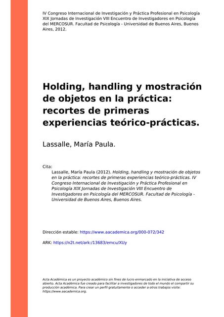 Holding, handling y mostraciónde objetos en la práctica:recortes de primeras experiencias teórico-prácticas