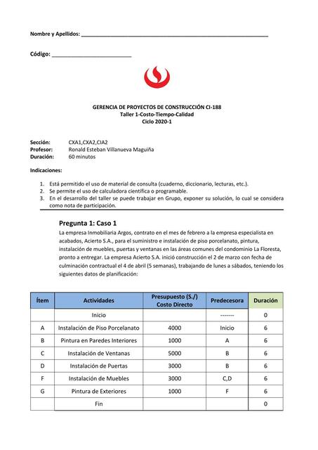 Taller 1- Costo- Tiempo- Calidad 