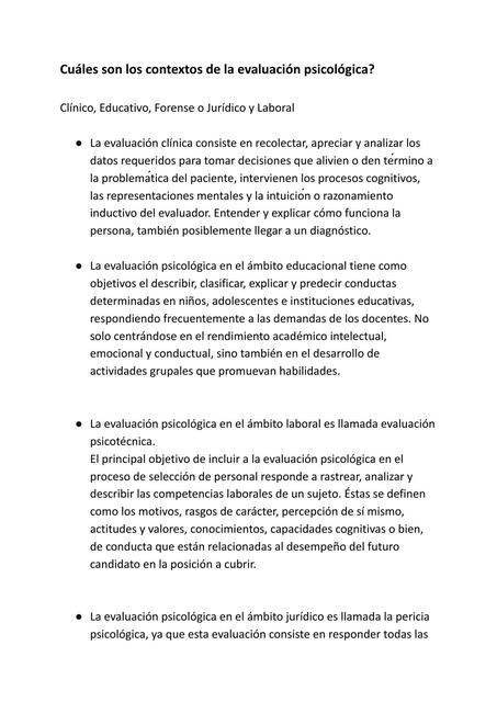 Cuales son los Contextos de la Evaluación Psicológica?