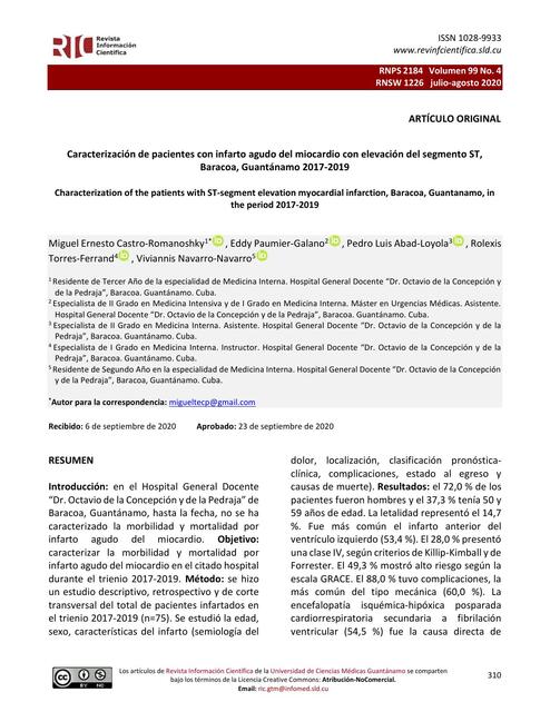 Caracterización de pacientes con infarto agudo del miocardio  