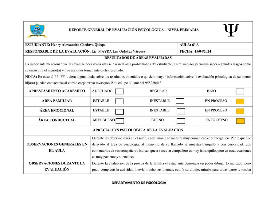 El reporte de evaluación psicológica 