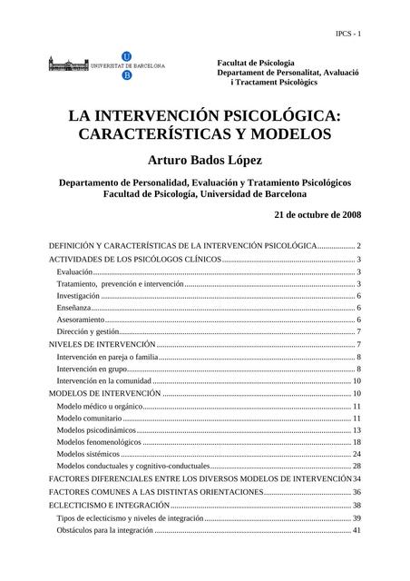 La intervención psicológica: características y modelos 