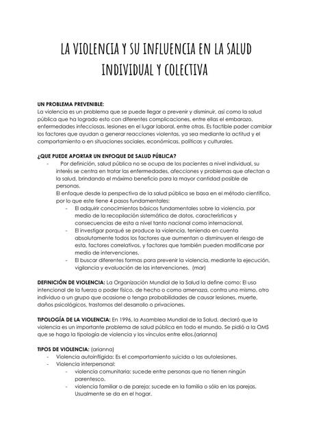 La violencia y su influencia en la salud individual y colectiva 