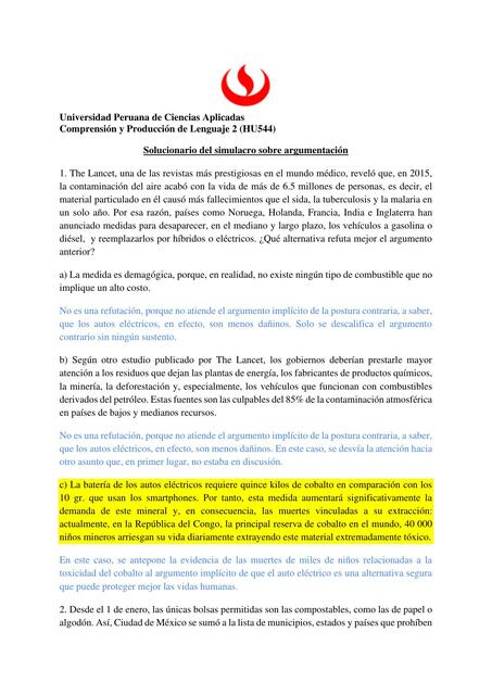 Solucionario del simulacro sobre argumentación