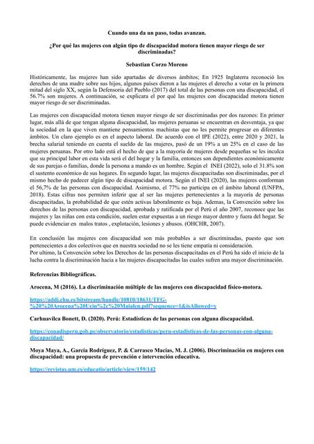 ¿Por Qué las Mujeres con Algún Tipo de Discapacidad Motora Tiene Mayor Riesgo de Ser Discriminadas?