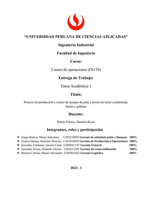 Proceso de Producción y Costeo de Queque de Piña y Postre de Leche Condensada, Limón y Galletas