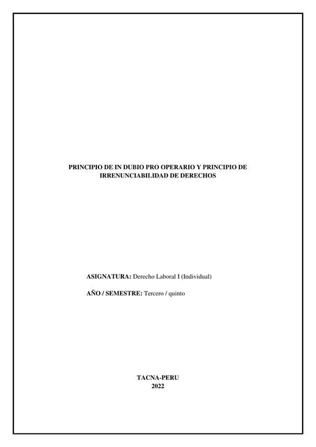 PRINCIPIO DE IN DUBIO PRO OPERARIO Y PRINCIPIO DE IRRENUNCIABILIDAD DE DERECHOS