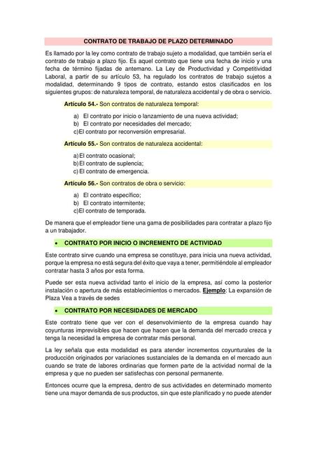 CONTRATO DE TRABAJO DE PLAZO DETERMINADO y A PLAZO FIJO