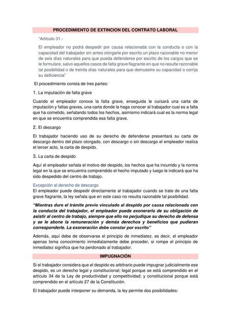 PROCEDIMIENTO DE EXTINCION DEL CONTRATO LABORAL y DESPIDO