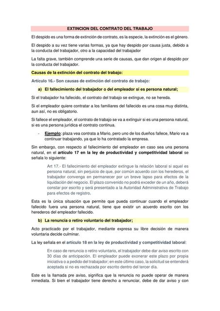 EXTINCION DEL CONTRATO DEL TRABAJO