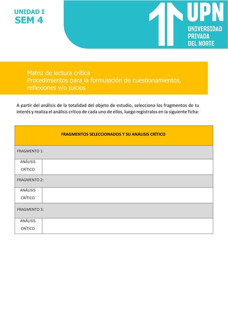 Matriz de lectura crítica Procedimientos para la formulación de cuestionamientos