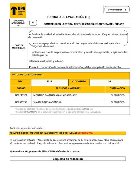 Comprensión Lectora, Textualización: Escritura del Ensayo 