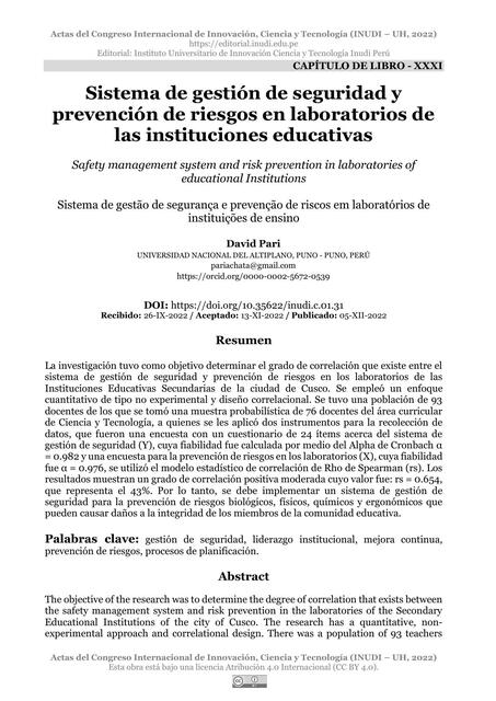 Sistema de Gestión de Seguridad y Prevención de Riesgos en Laboratorios de las Instituciones Educativas 