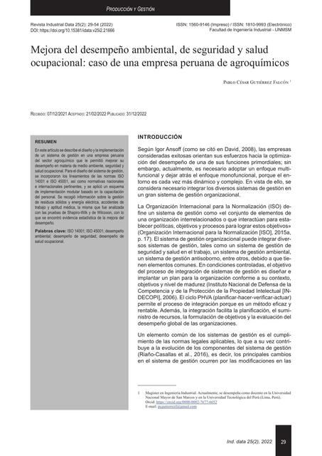 Mejora del desempeño ambiental, de seguridad y salud ocupacional: caso de una empresa peruana de agroquímicos