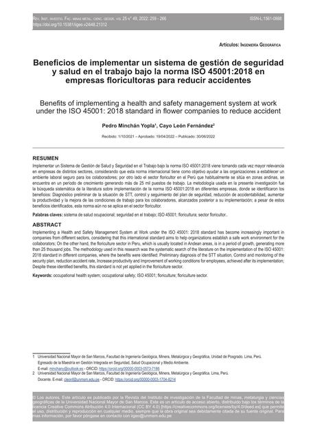 Beneficios de implementar un sistema de gestión de seguridad y salud en el trabajo bajo la norma ISO 45001:2018 en empresas floricultoras para reducir accidentes