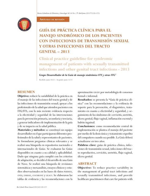 GUÍA DE PRÁCTICA CLÍNICA PARA EL  MANEJO SINDRÓMICO DE LOS PACIENTES  CON INFECCIONES DE TRANSMISIÓN SEXUAL  Y OTRAS INFECCIONES DEL TRACTO GENITAL 2013