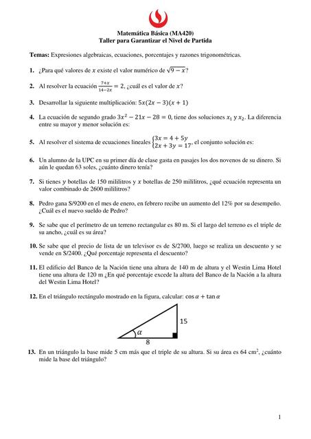 Expresiones Algebraicas, Ecuaciones, Porcentajes y Razones Trigonométricas 