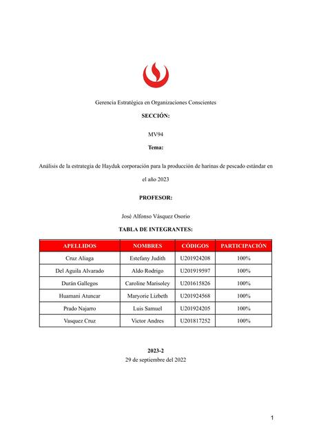 Análisis de la estrategia de Hayduk corporación para la producción de harinas de pescado estándar en el año 2023