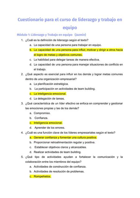 Cuestionario para el curso de liderazgo y trabajo